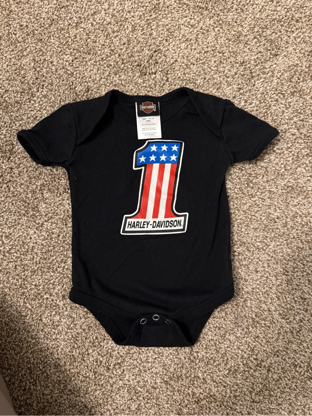 Harley-Davidson Black Onesie with Red, White & Blue '1' Graphic